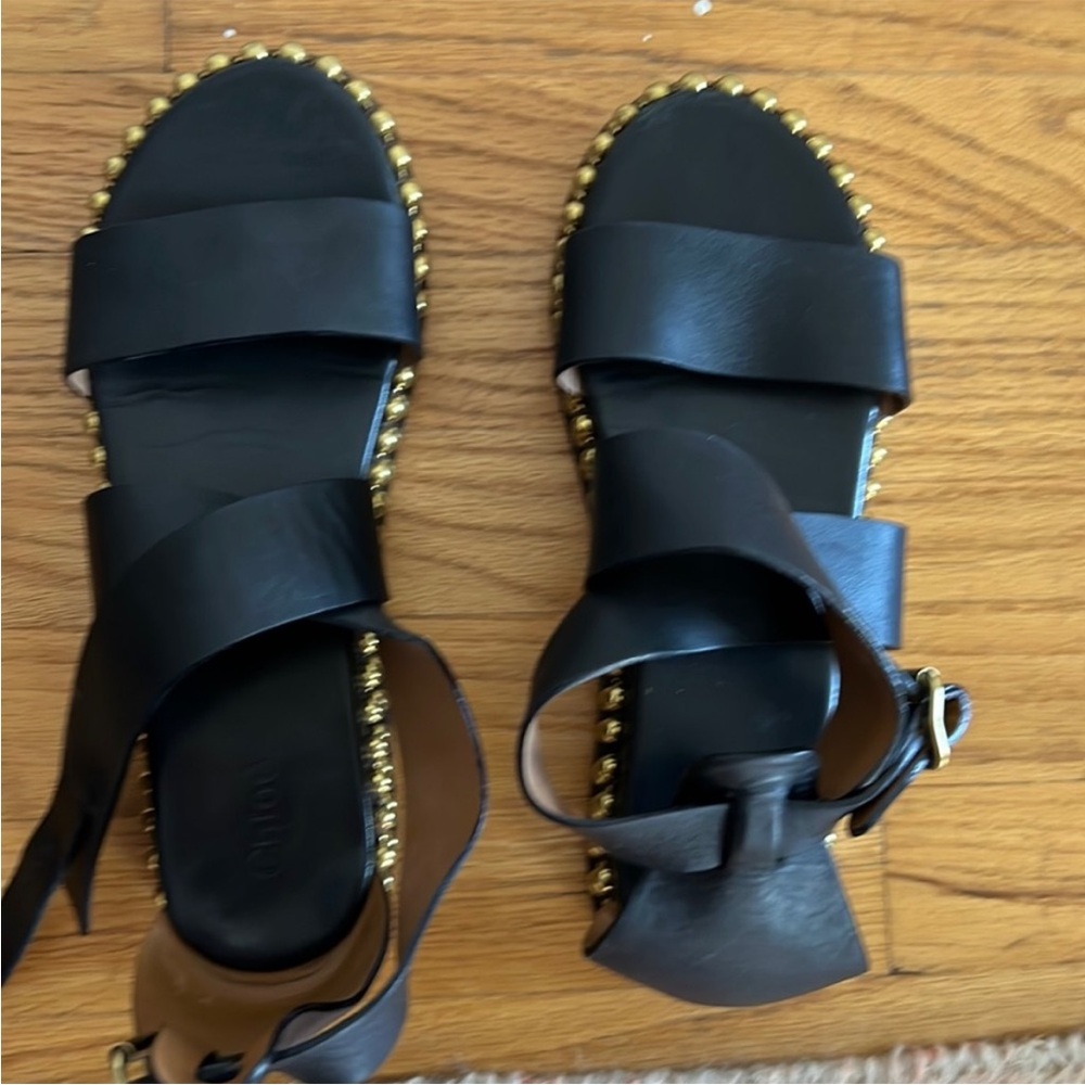 Chloe Black Leather Sandals with Gold Accents